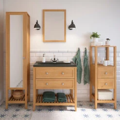 Castorama Meuble Sous Vasque à Poser 2 Tiroirs GoodHome Perma Chêne 80 Cm + Plan Vasque Noir GoodHome Nira